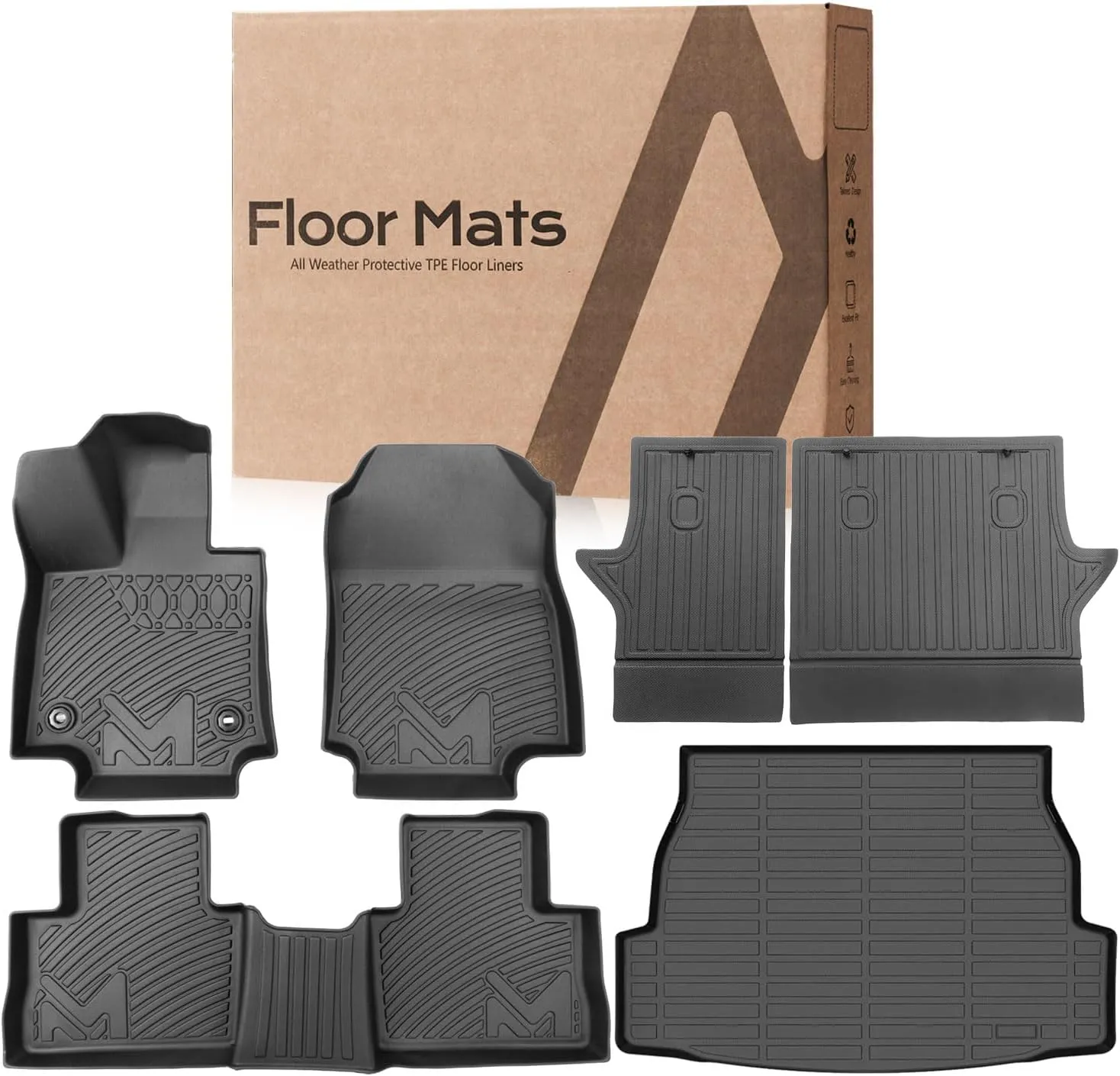 TPE Automotive Floor Mats & Cargo Liner Custom for Toyota Rav4 2019-2025 (Include Hybrid), All Weather Cover Protection Waterproof Black Front & Rear Row Full Set Car Mats & Backrest Mats, 6PCS