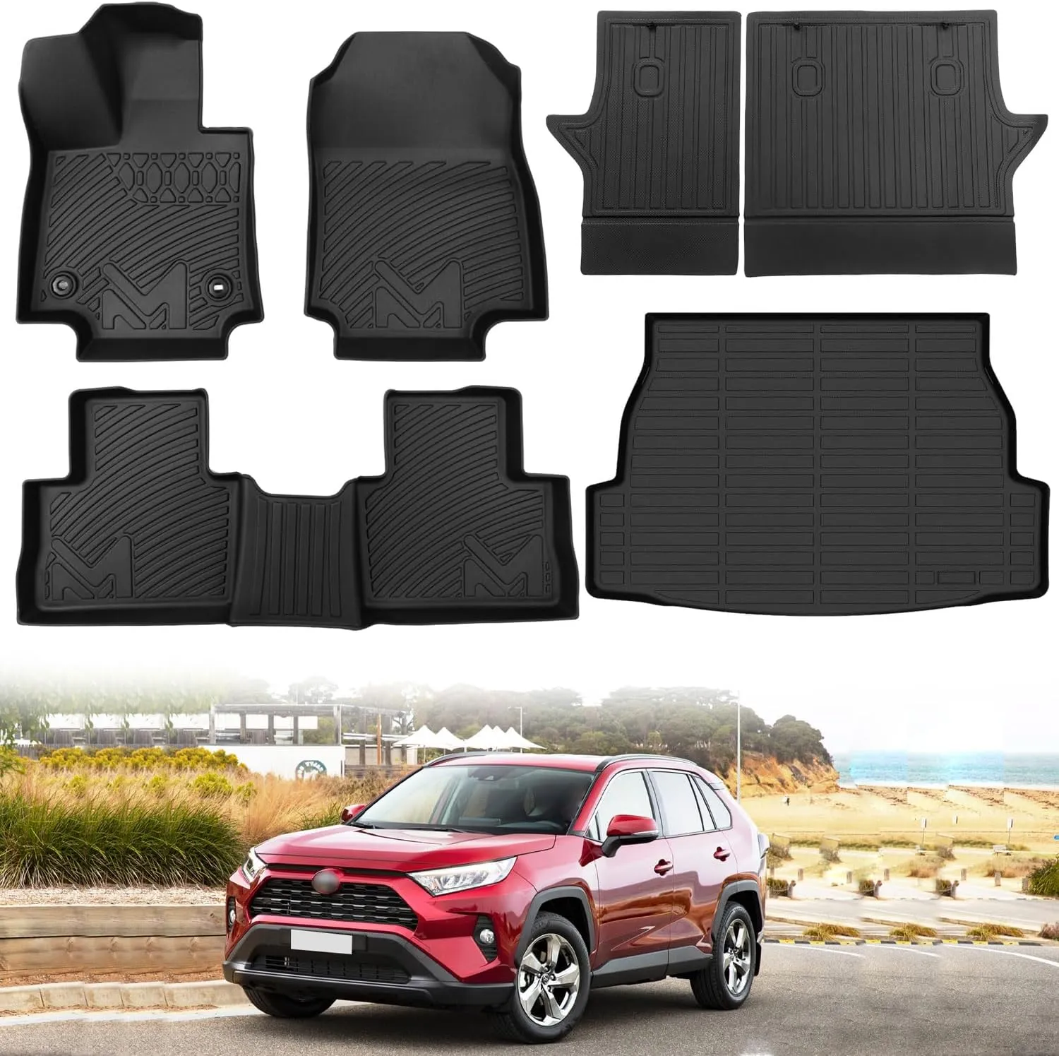 TPE Automotive Floor Mats & Cargo Liner Custom for Toyota Rav4 2019-2025 (Include Hybrid), All Weather Cover Protection Waterproof Black Front & Rear Row Full Set Car Mats & Backrest Mats, 6PCS