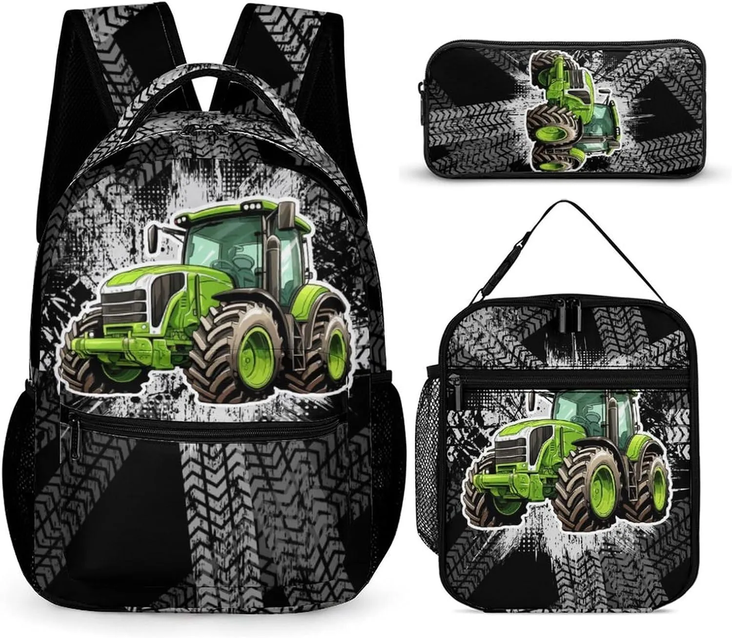 Tractor Backpack with Lunch Box & Pencil Case, 16 Inch Cute Tractors Themed Bookbag, Adjustable Lightweight Large Capacity, Colorful Daily Casual Backpacks Set with Lunch Bag