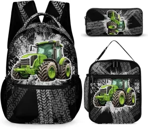 Tractor Backpack with Lunch Box & Pencil Case, 16 Inch Cute Tractors Themed Bookbag, Adjustable Lightweight Large Capacity, Colorful Daily Casual Backpacks Set with Lunch Bag