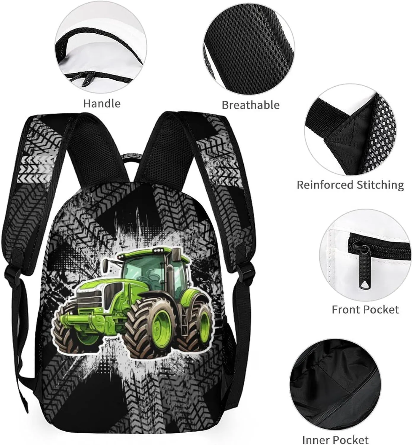 Tractor Backpack with Lunch Box & Pencil Case, 16 Inch Cute Tractors Themed Bookbag, Adjustable Lightweight Large Capacity, Colorful Daily Casual Backpacks Set with Lunch Bag