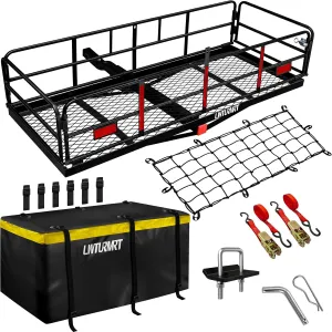 Trail Hitch Mount Cargo Carrier Basket 58" x 24" x 14" Folding Vehicle Cargo Baskets Fits 2" Receiver with 2" Hitch Stabilizer for SUV can Holder 500LBS (14" high Black Bag)