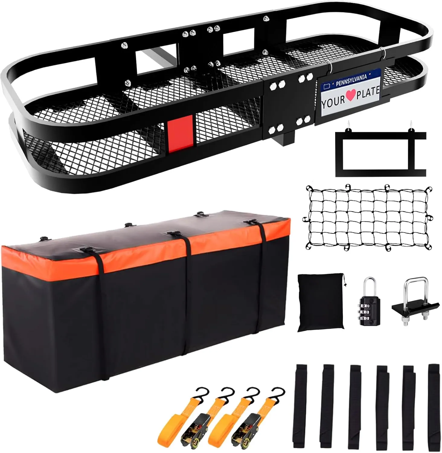 Trailer Hitch Cargo Carrier Rack 500 Lbs｜Heavy Duty Cargo Basket｜60" X 24" X 6" Folding Trailer Luggage Carrier Fits 2" Hitch Receiver with Waterproof Cargo Bag,Cargo Net, Stabilizer for Truck,SUV,RV