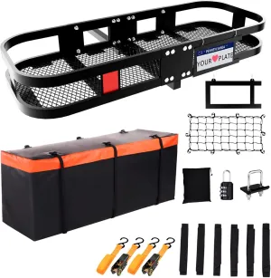 Trailer Hitch Cargo Carrier Rack 500 Lbs｜Heavy Duty Cargo Basket｜60" X 24" X 6" Folding Trailer Luggage Carrier Fits 2" Hitch Receiver with Waterproof Cargo Bag,Cargo Net, Stabilizer for Truck,SUV,RV