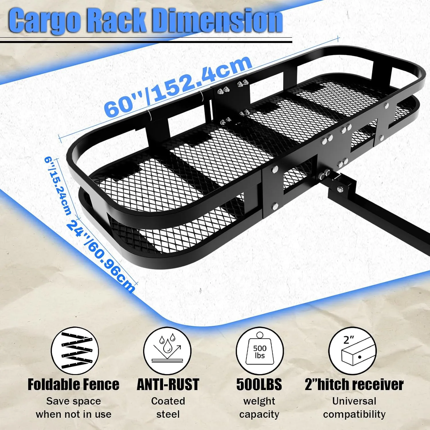 Trailer Hitch Cargo Carrier Rack 500 Lbs｜Heavy Duty Cargo Basket｜60" X 24" X 6" Folding Trailer Luggage Carrier Fits 2" Hitch Receiver with Waterproof Cargo Bag,Cargo Net, Stabilizer for Truck,SUV,RV