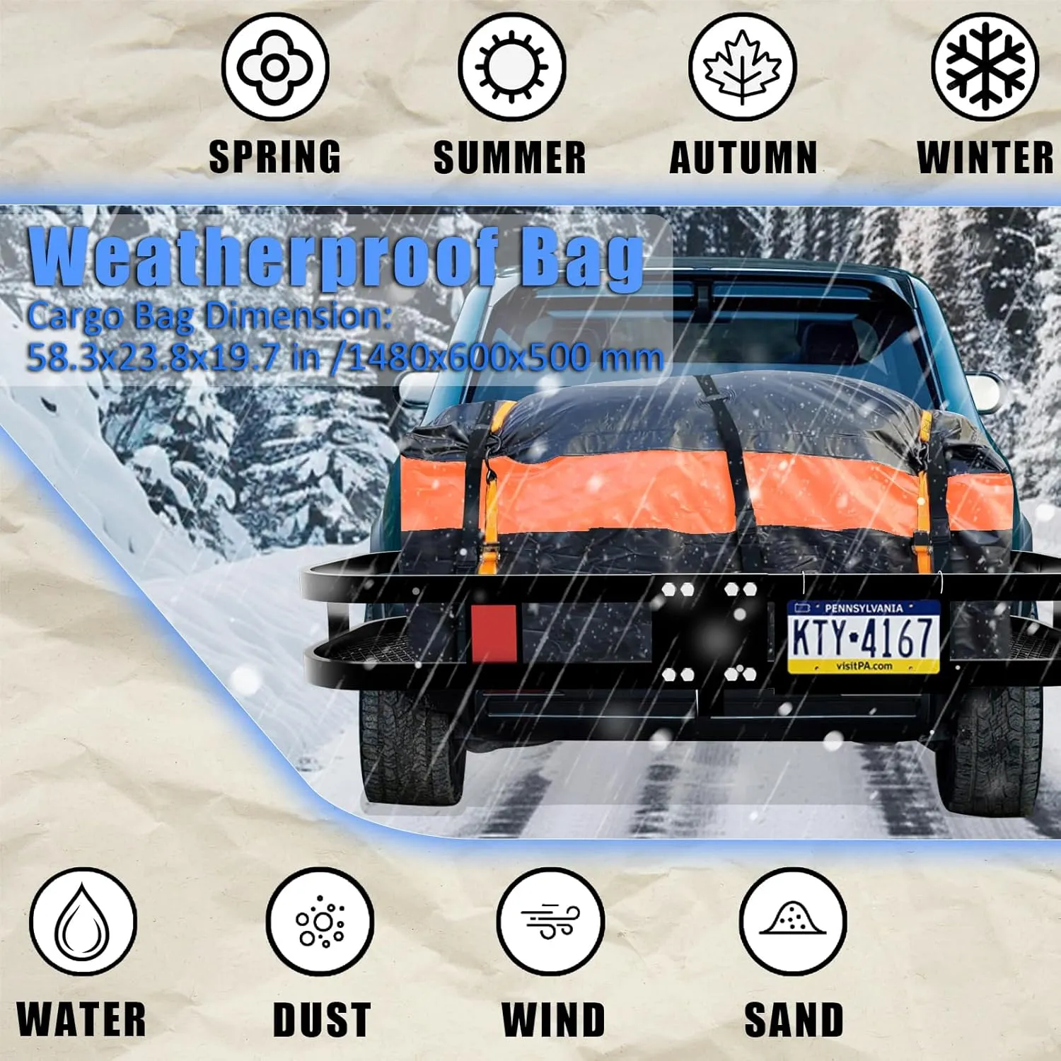 Trailer Hitch Cargo Carrier Rack 500 Lbs｜Heavy Duty Cargo Basket｜60" X 24" X 6" Folding Trailer Luggage Carrier Fits 2" Hitch Receiver with Waterproof Cargo Bag,Cargo Net, Stabilizer for Truck,SUV,RV