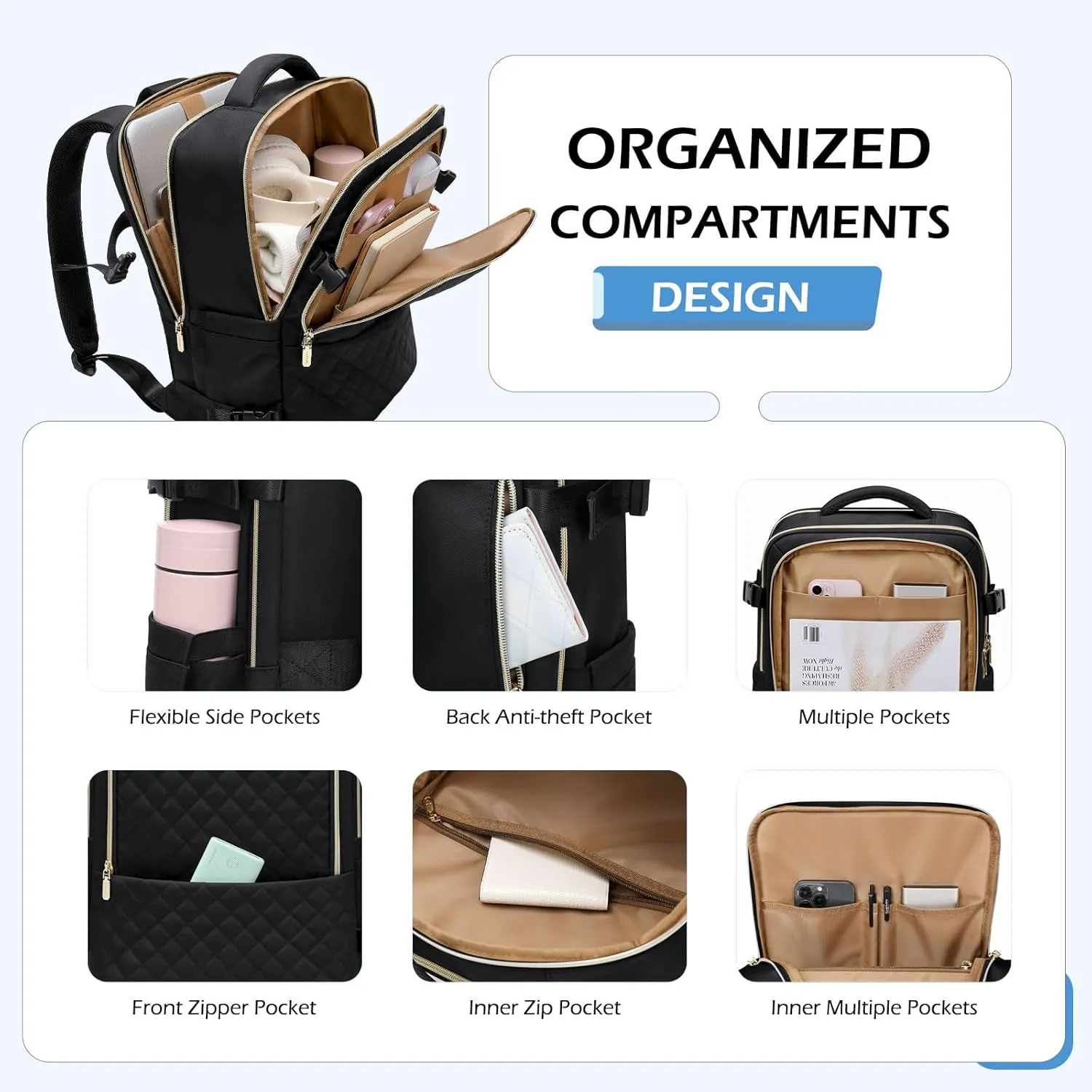 Travel Backpack for Women Men - Large Carry On Luggage Laptop Backpack Lightweight Daypack Waterproof Causal Bookbag Computer Backpack for College,Travel,Work,Fits 15.6Inch, 36L, Black