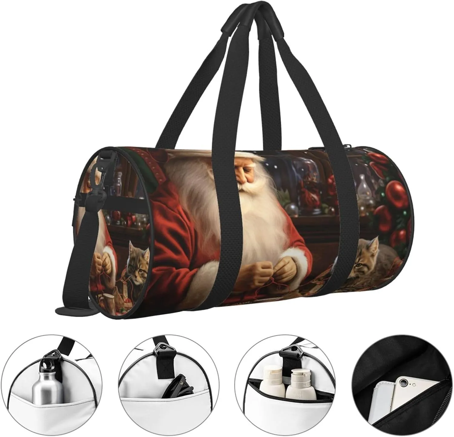 Travel Duffel Bag Christmas Santa Claus Sewing Tree Cat Weekender Overnight Bag For Men Women Large Capacity Sports Gym Bag Canvas Carry On Tote Bags For Travel Yoga