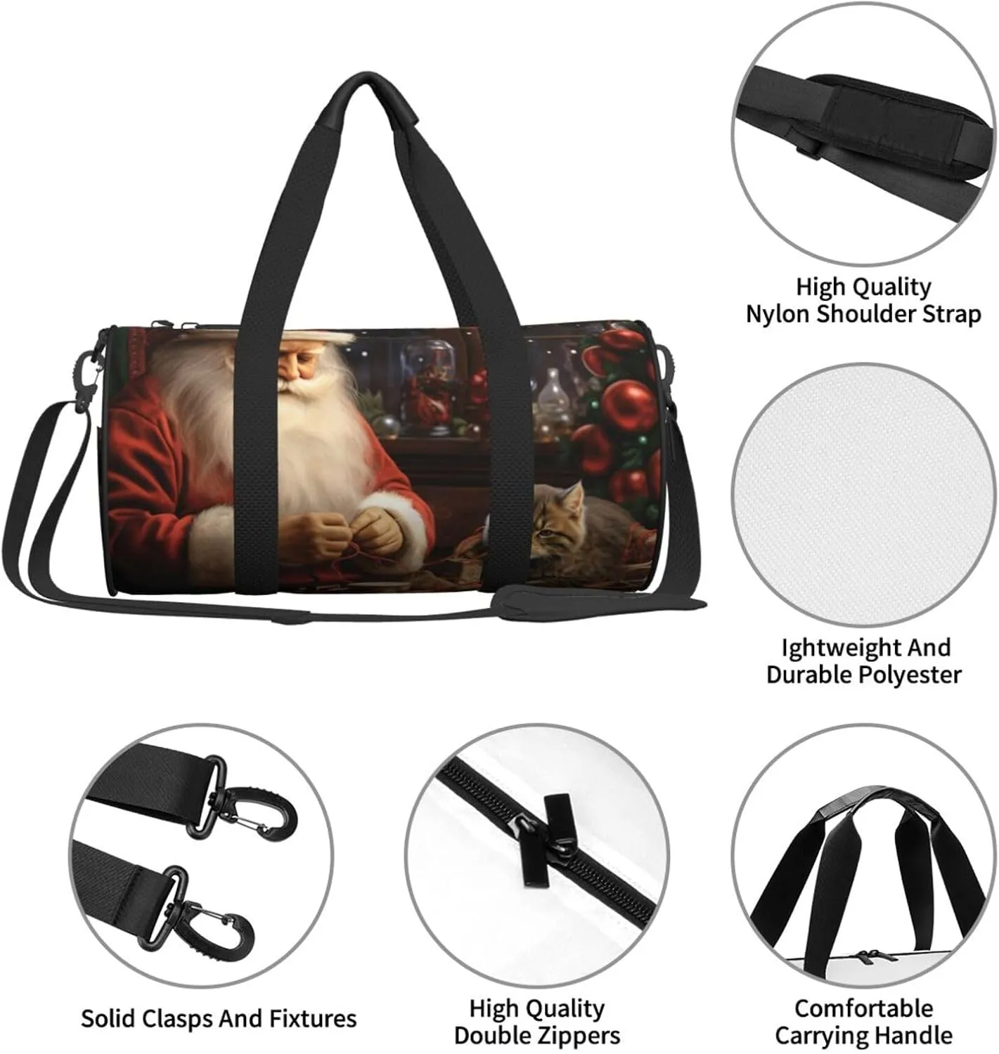 Travel Duffel Bag Christmas Santa Claus Sewing Tree Cat Weekender Overnight Bag For Men Women Large Capacity Sports Gym Bag Canvas Carry On Tote Bags For Travel Yoga