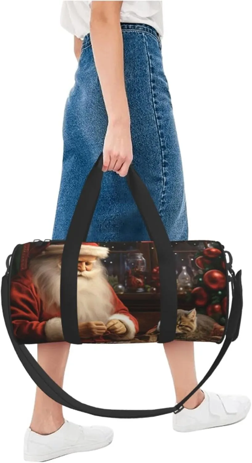 Travel Duffel Bag Christmas Santa Claus Sewing Tree Cat Weekender Overnight Bag For Men Women Large Capacity Sports Gym Bag Canvas Carry On Tote Bags For Travel Yoga