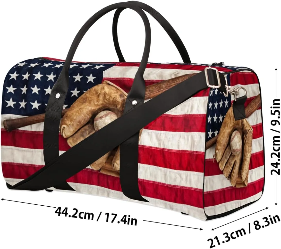 Travel Duffle Bag Women, American Baseball Gym Bag Sports Bag,American Flag Lightweight Waterproof Foldable Overnight Bag, Carry on Shoulder Tote Bags for Hospital Maternity Mommy Gym