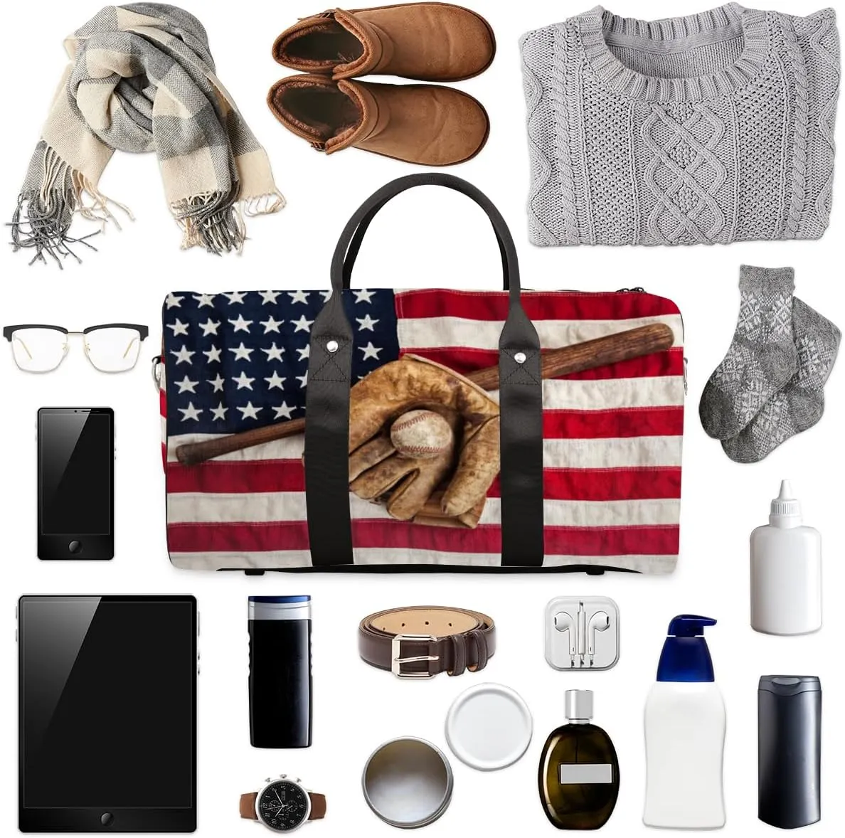 Travel Duffle Bag Women, American Baseball Gym Bag Sports Bag,American Flag Lightweight Waterproof Foldable Overnight Bag, Carry on Shoulder Tote Bags for Hospital Maternity Mommy Gym