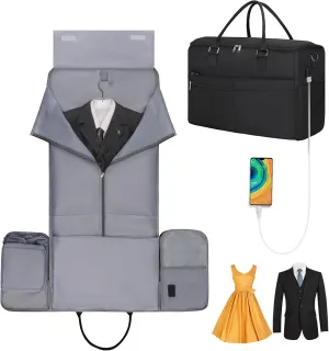 Travel Garment Bag with Shoulder Strap(2 in 1) - with Shoe Pocket with Ventilation Holes   Toiletry Bag, Carry-on Duffel bag with USB Charging Port, Suitable for Airplanes and Trains, Black