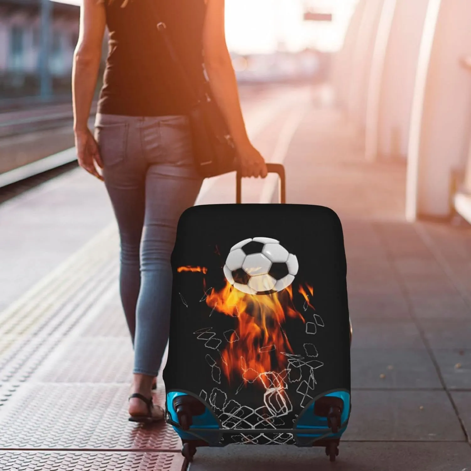 Travel Luggage Cover Protector, Soccer Football Ball Breaking Nets Thickened Washable Elastic Anti-scratch Sleeve with Concealed Zipper for Wheeled Suitcase Fits 18-21 Inch Luggage