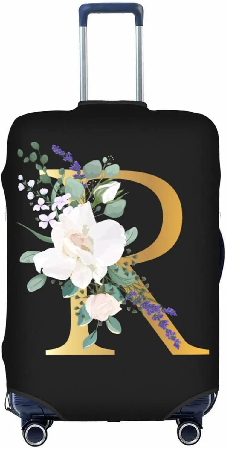 Travel Luggage Cover Suitcase Protector Fits 18-21 Inch Luggage, Flower Letter R Boho Golden R Black Elastic Stretch Washable Baggage Cover with Zipper Closure for Wheeled Suitcase for Teen Men Women