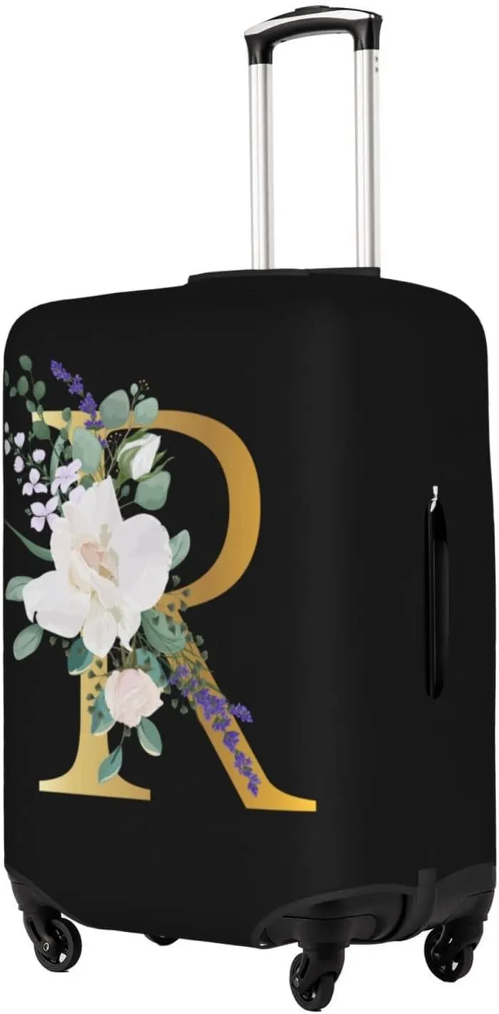 Travel Luggage Cover Suitcase Protector Fits 18-21 Inch Luggage, Flower Letter R Boho Golden R Black Elastic Stretch Washable Baggage Cover with Zipper Closure for Wheeled Suitcase for Teen Men Women