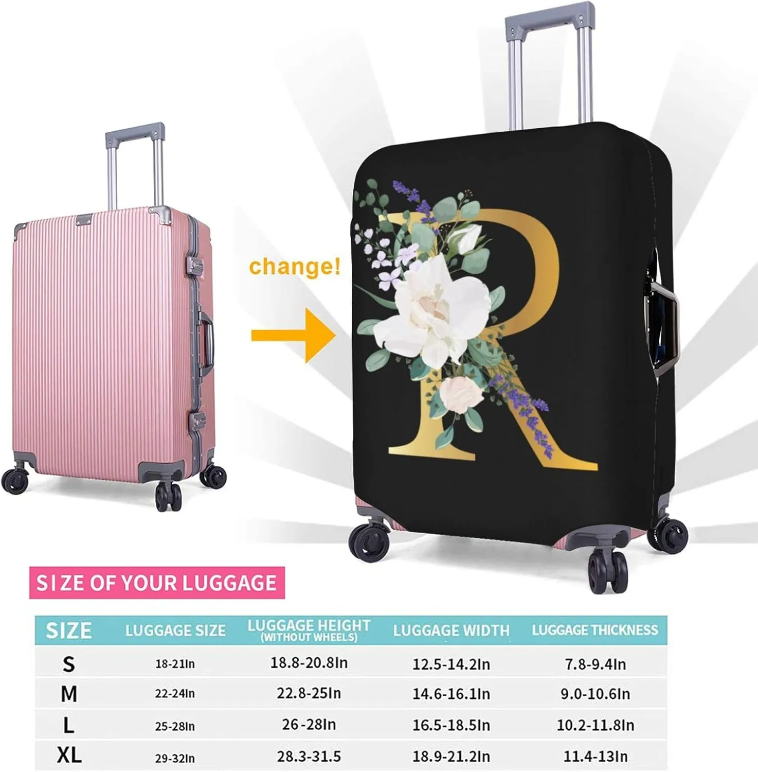 Travel Luggage Cover Suitcase Protector Fits 18-21 Inch Luggage, Flower Letter R Boho Golden R Black Elastic Stretch Washable Baggage Cover with Zipper Closure for Wheeled Suitcase for Teen Men Women