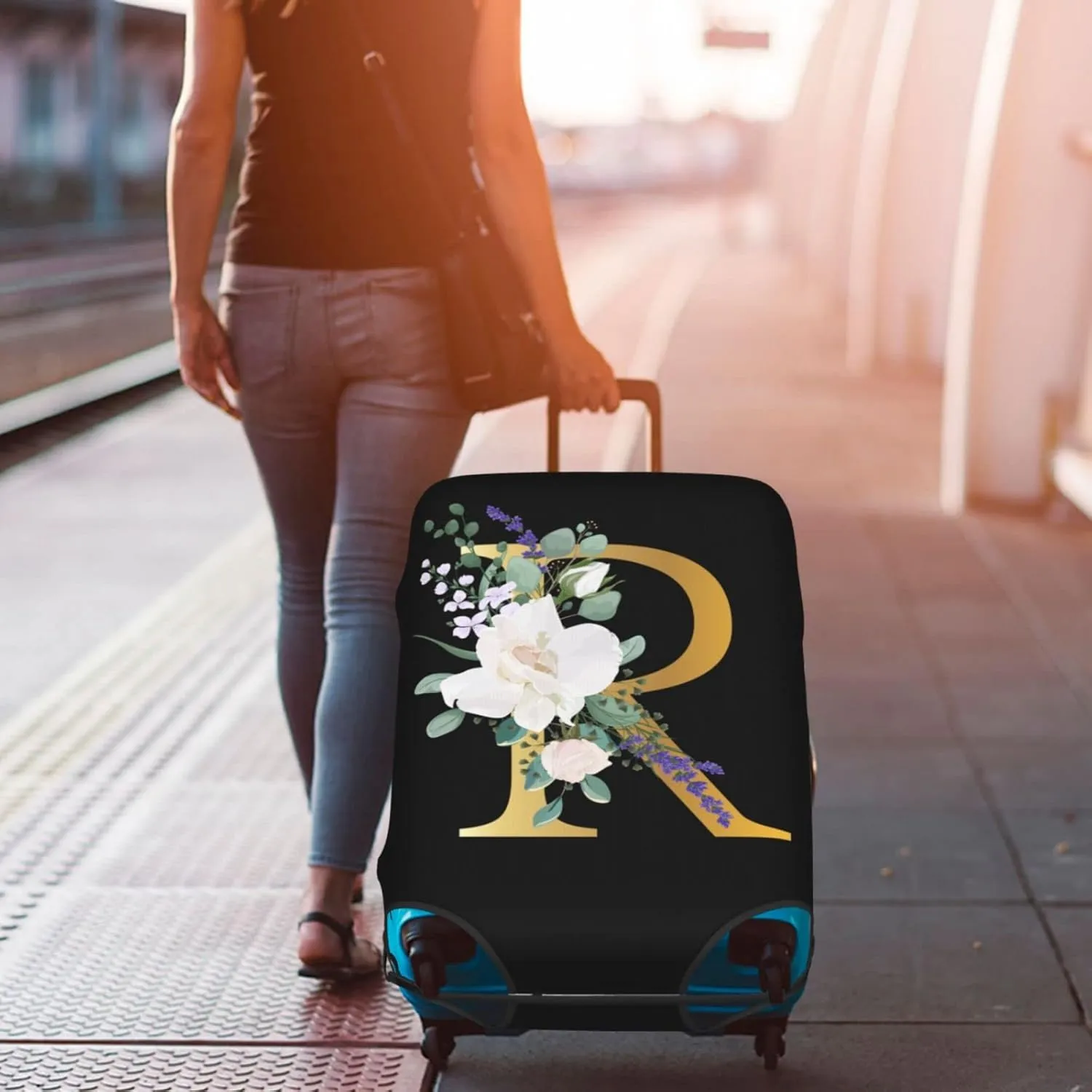 Travel Luggage Cover Suitcase Protector Fits 18-21 Inch Luggage, Flower Letter R Boho Golden R Black Elastic Stretch Washable Baggage Cover with Zipper Closure for Wheeled Suitcase for Teen Men Women