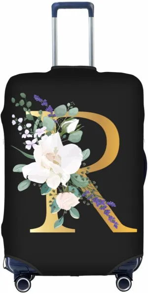 Travel Luggage Cover Suitcase Protector Fits 22-24 Inch Luggage, Flower Letter R Boho Golden R Black Elastic Stretch Washable Luggage Sleeve with Zipper Closure for Wheeled Suitcase for Teen Men Women