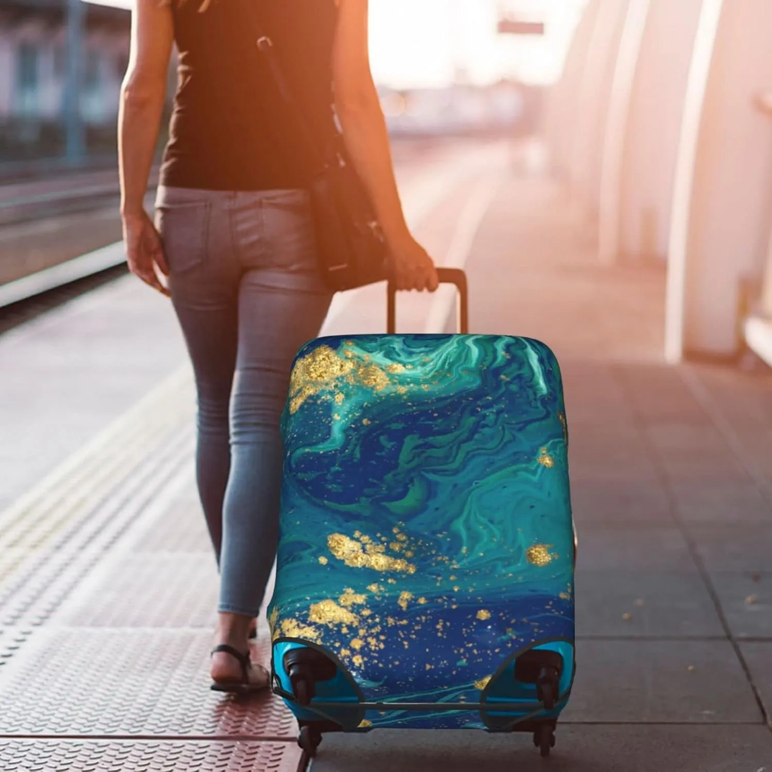 Travel Luggage Cover Suitcase Protector, Gold Blue Abstract Marble Washable Elastic Suitcase Baggage Cover Anti-scratch Double-sided with Zipper Closure for Wheeled Suitcase Fits 18-21 Inch Luggage