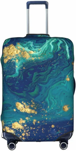 Travel Luggage Cover Suitcase Protector, Gold Blue Abstract Marble Washable Elastic Suitcase Baggage Cover Anti-scratch Double-sided with Zipper Closure for Wheeled Suitcase Fits 18-21 Inch Luggage