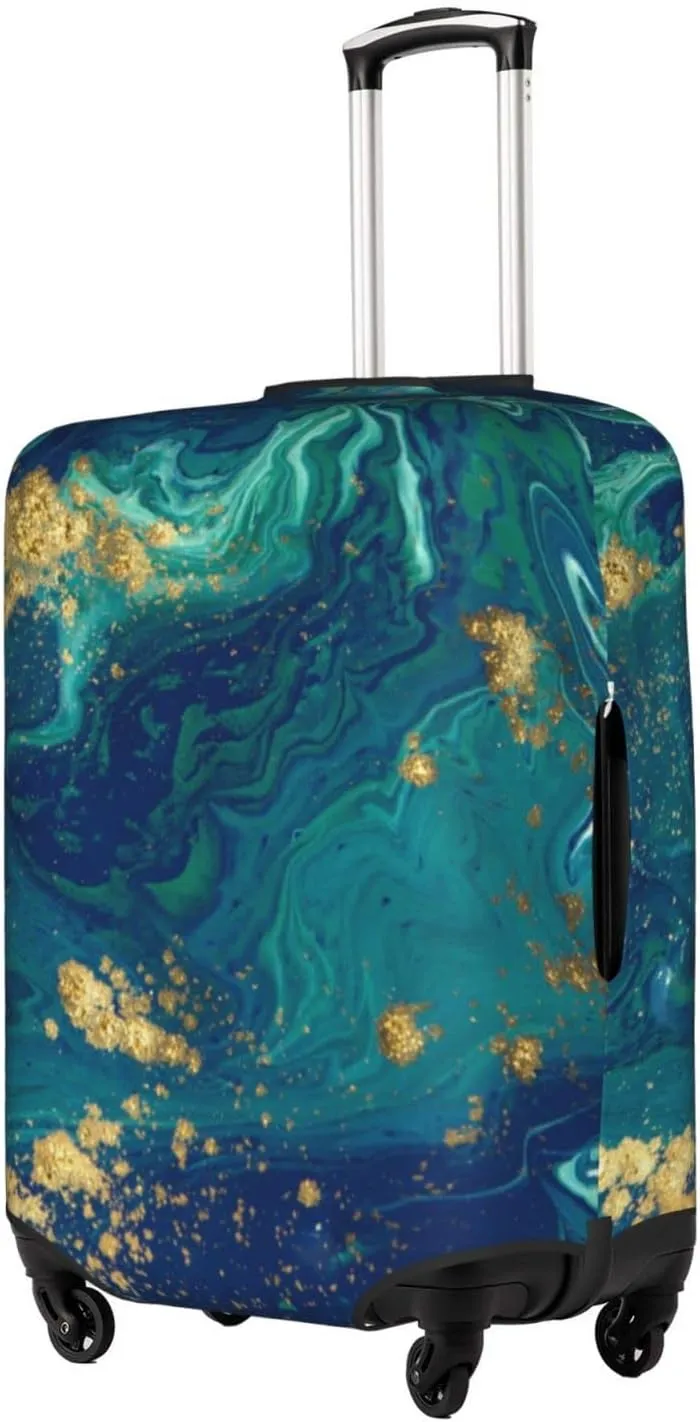 Travel Luggage Cover Suitcase Protector, Gold Blue Abstract Marble Washable Elastic Suitcase Baggage Cover Anti-scratch Double-sided with Zipper Closure for Wheeled Suitcase Fits 22-24 Inch Luggage