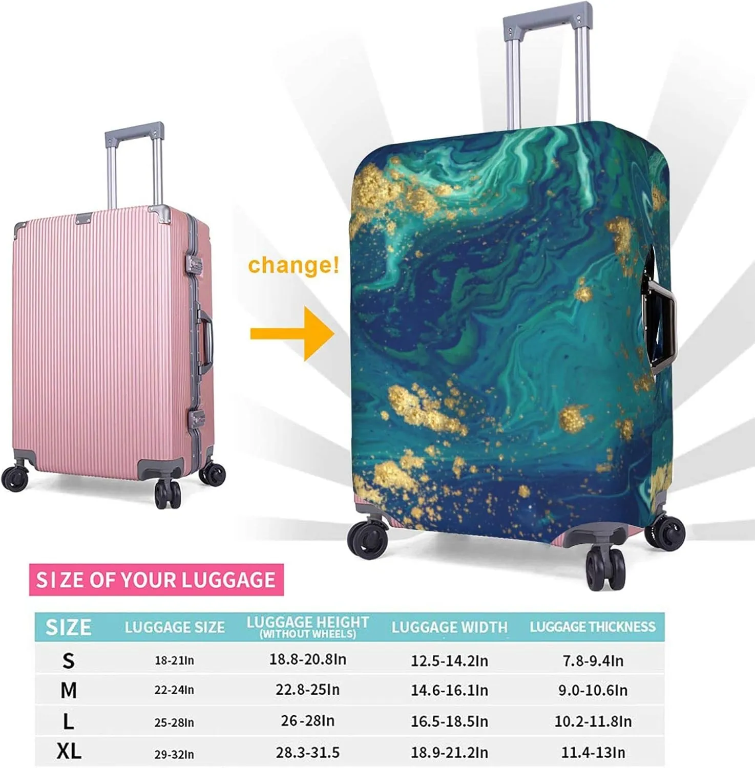 Travel Luggage Cover Suitcase Protector, Gold Blue Abstract Marble Washable Elastic Suitcase Baggage Cover Anti-scratch Double-sided with Zipper Closure for Wheeled Suitcase Fits 22-24 Inch Luggage