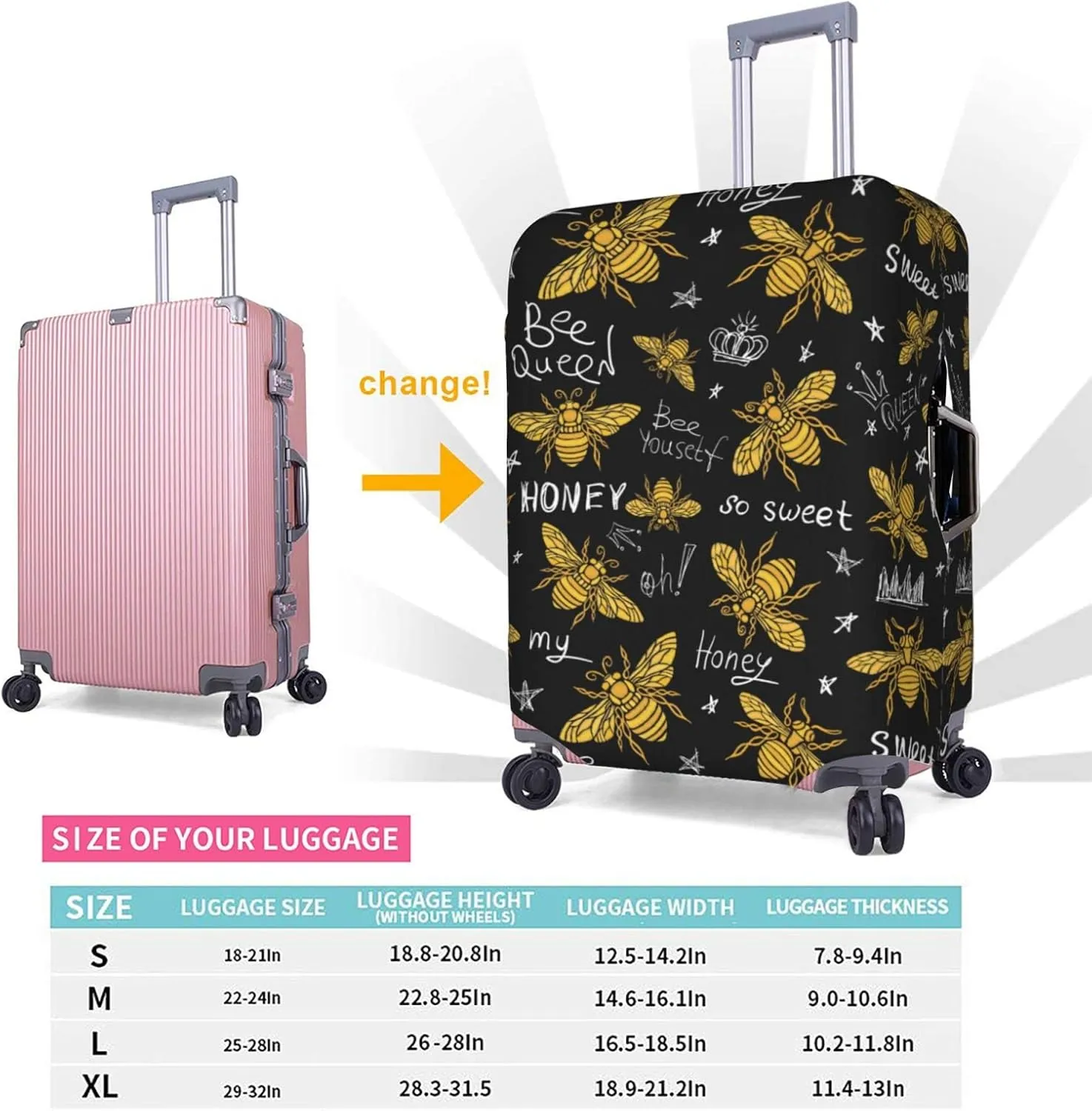 Travel Luggage Cover Suitcase Protector, Honey Bees Golden Luxury Thicker Washable Elastic Stretch Anti-scratch Baggage Cover with Concealed Zipper for Spinner Wheeled Suitcase Fits 25-28 Inch Luggage