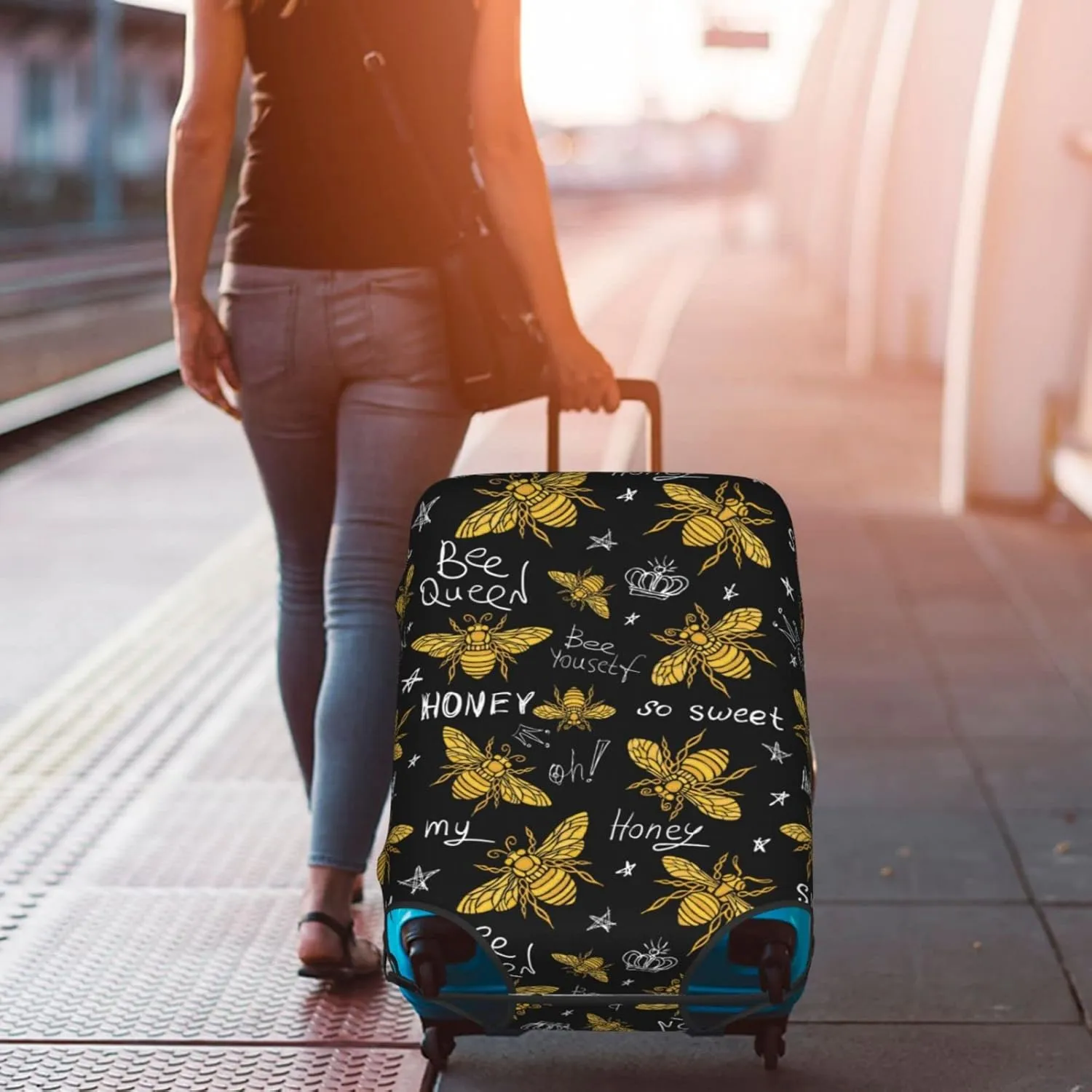 Travel Luggage Cover Suitcase Protector, Honey Bees Golden Luxury Thicker Washable Elastic Stretch Anti-scratch Baggage Cover with Concealed Zipper for Spinner Wheeled Suitcase Fits 25-28 Inch Luggage