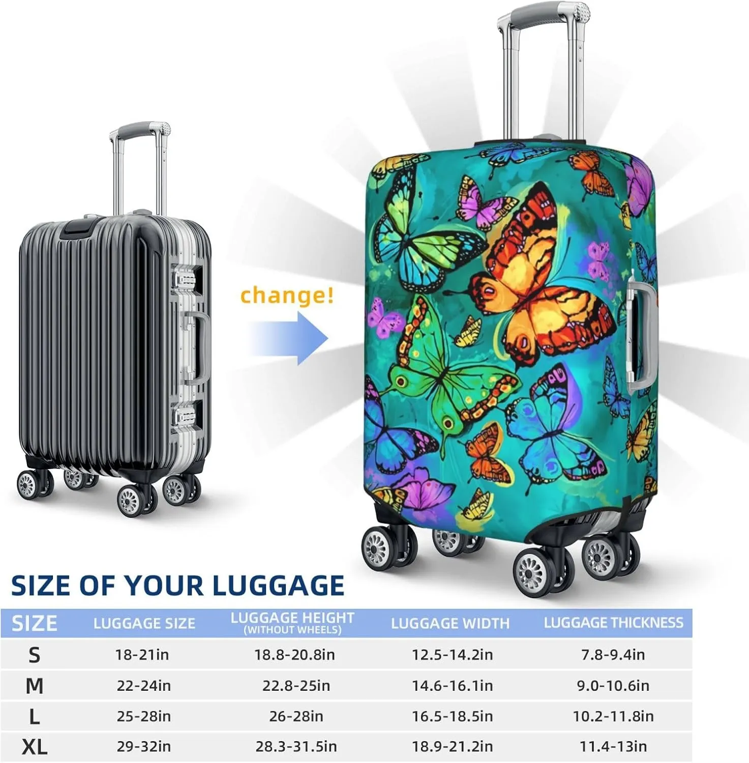 Travel Luggage Cover Suitcase Protector, Rainbow Butterfly Washable Elastic Suitcase Baggage Cover Anti-scratch Double-sided with Zipper Closure for Wheeled Suitcase Fits 22-24 Inch Luggage