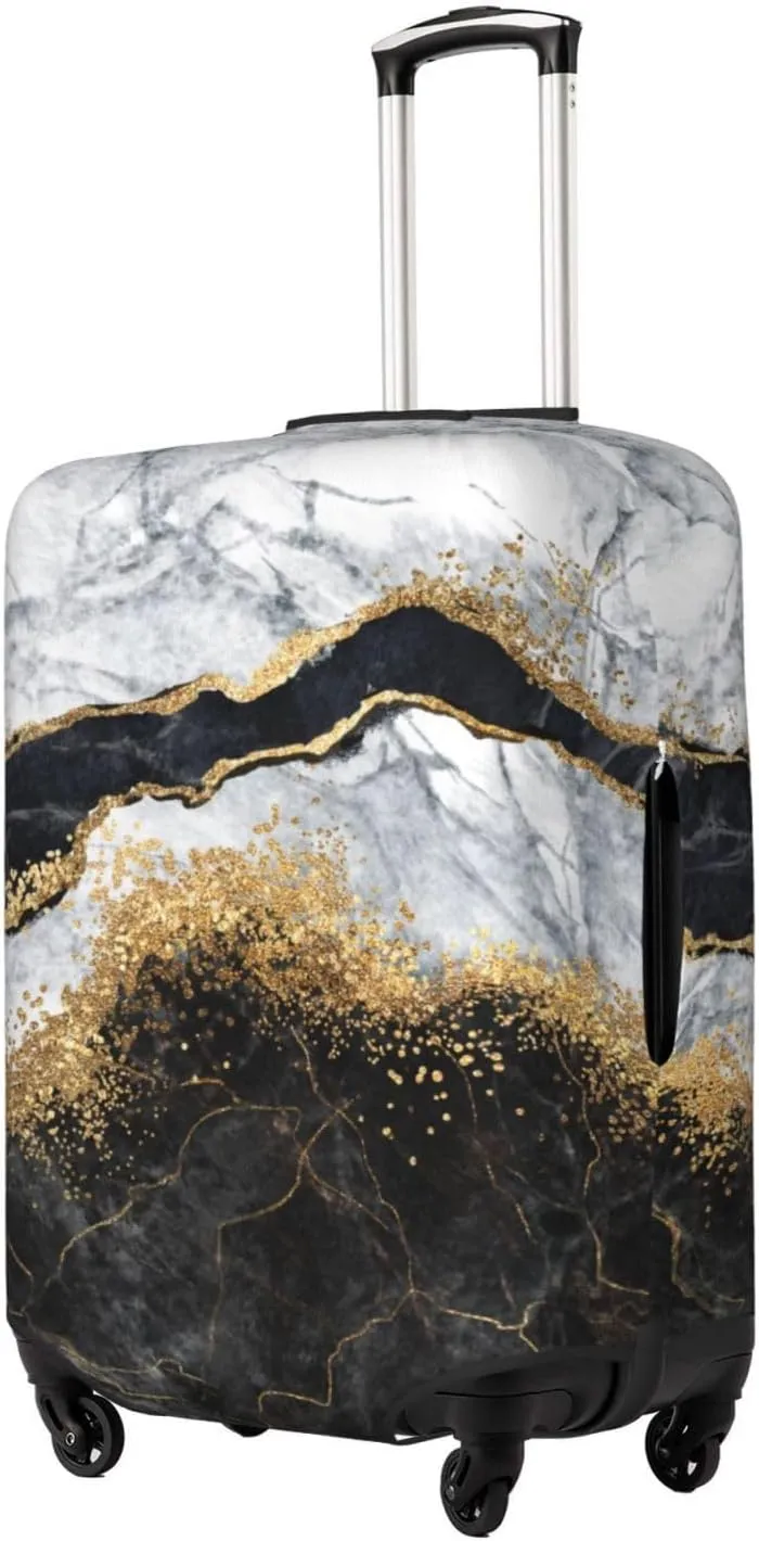 Travel Luggage Cover Suitcase Protector, White Black Gold Marble Abstract Washable Elastic Suitcase Baggage Cover Double-sided with Zipper Closure for Wheeled Suitcase Fits 25-28 Inch Luggage