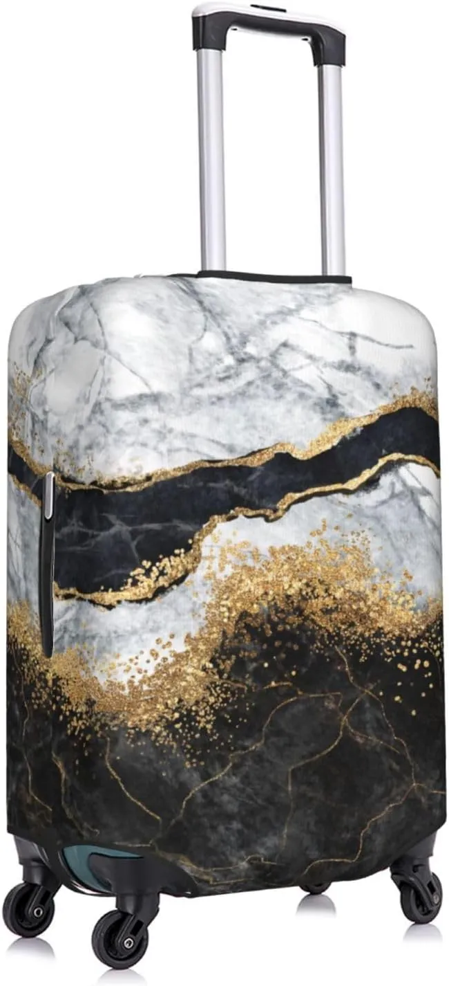 Travel Luggage Cover Suitcase Protector, White Black Gold Marble Abstract Washable Elastic Suitcase Baggage Cover Double-sided with Zipper Closure for Wheeled Suitcase Fits 25-28 Inch Luggage