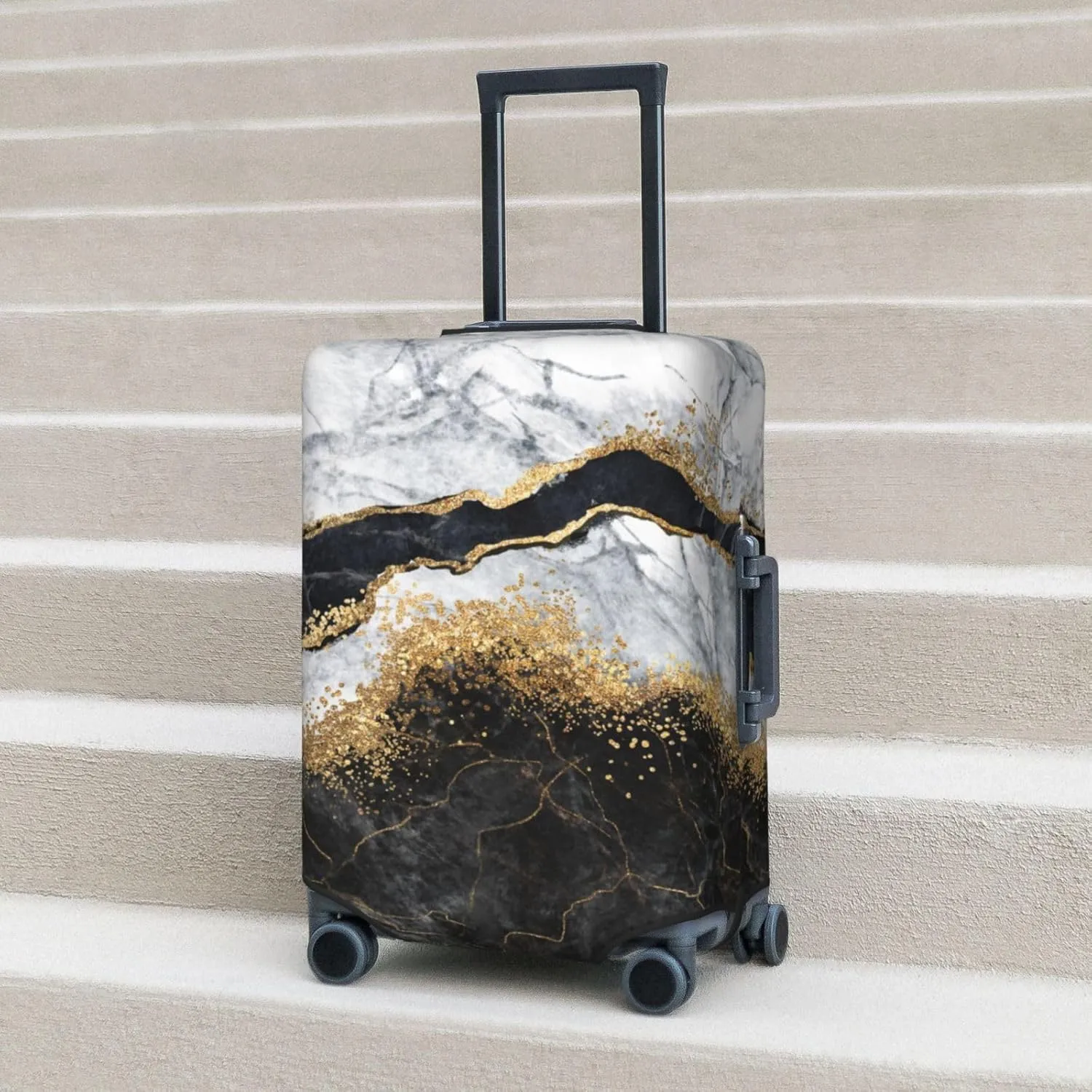 Travel Luggage Cover Suitcase Protector, White Black Gold Marble Abstract Washable Elastic Suitcase Baggage Cover Double-sided with Zipper Closure for Wheeled Suitcase Fits 25-28 Inch Luggage