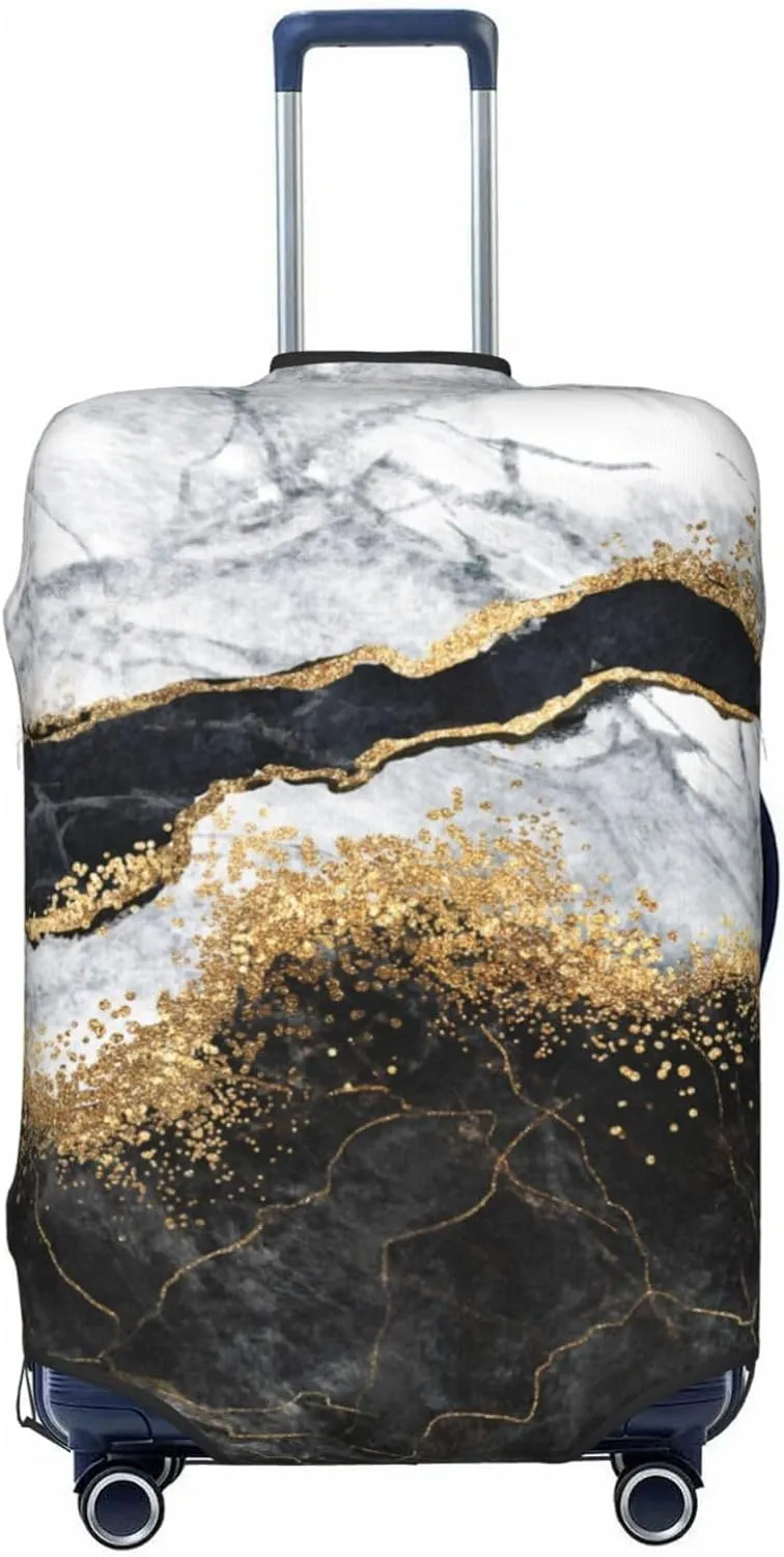 Travel Luggage Cover Suitcase Protector, White Black Gold Marble Abstract Washable Elastic Suitcase Baggage Cover Double-sided with Zipper Closure for Wheeled Suitcase Fits 25-28 Inch Luggage