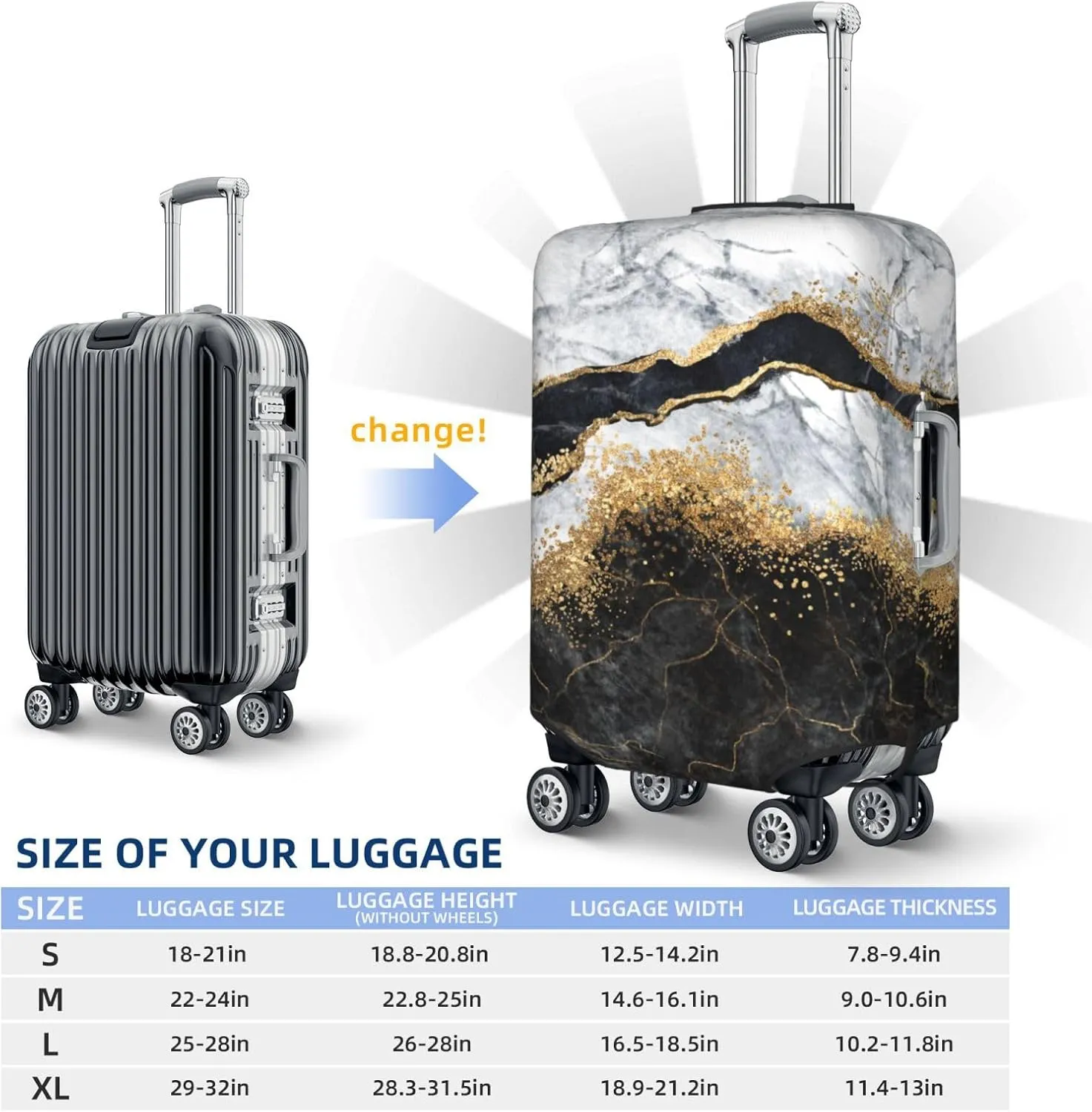 Travel Luggage Cover Suitcase Protector, White Black Gold Marble Abstract Washable Elastic Suitcase Baggage Cover Double-sided with Zipper Closure for Wheeled Suitcase Fits 25-28 Inch Luggage