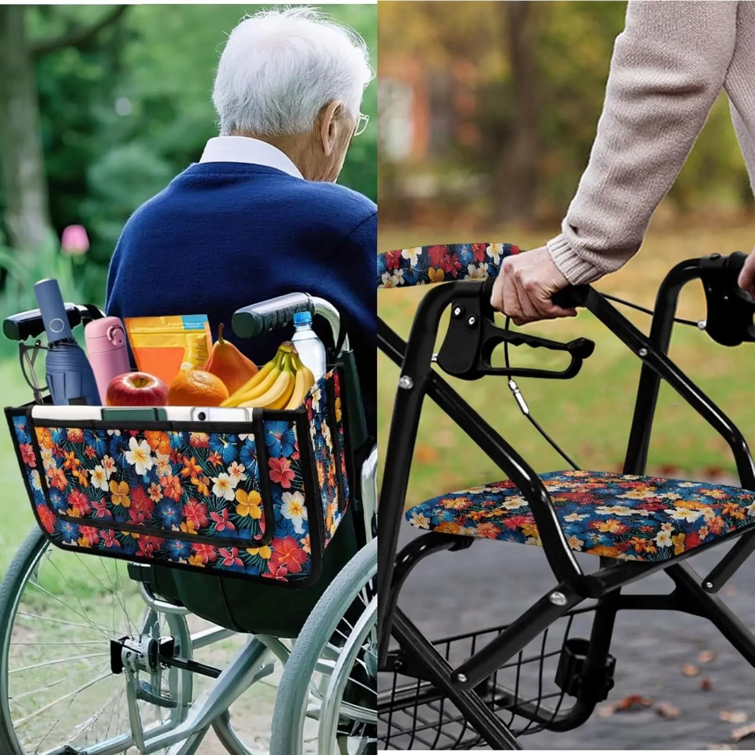 Tropical Hibiscus Flowers 3Pcs Walker Basket for Seniors and Adjustable Seat Covers Soft Rollator Seat Cover Universal Walker Basket Bag for Ladies Removable Rollator Accessories