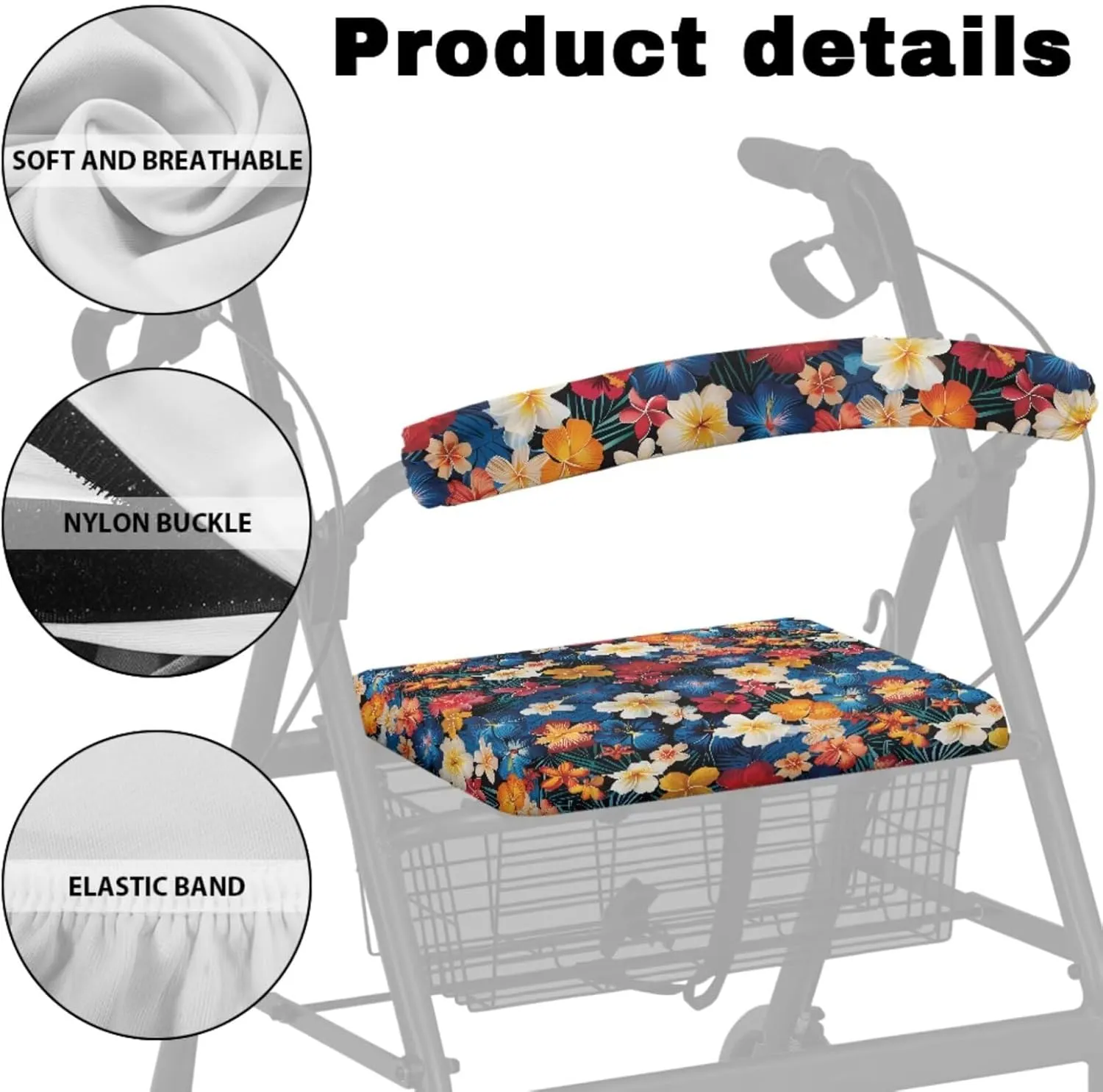Tropical Hibiscus Flowers 3Pcs Walker Basket for Seniors and Adjustable Seat Covers Soft Rollator Seat Cover Universal Walker Basket Bag for Ladies Removable Rollator Accessories