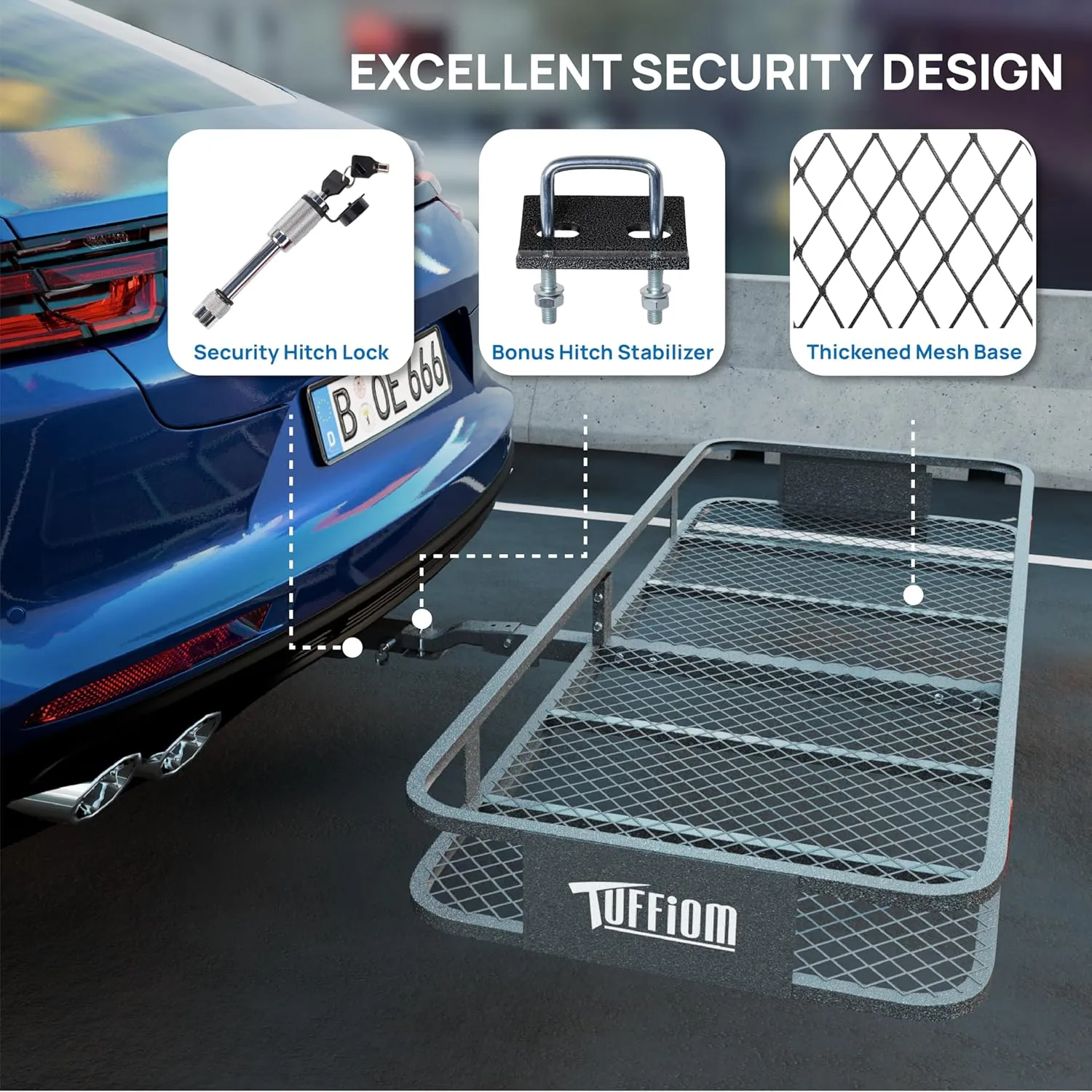 TUFFIOM 60"x24"x6" Folding Hitch Mount Cargo Carrier Basket, 500lbs Steel Car Cargo Trailer Hitch Luggage Rack with Lock, Waterproof Cargo Bag, Net, Straps & Stabilizer for SUV Car Truck Van