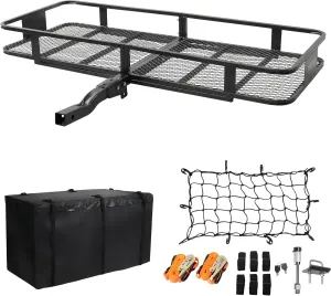 TUFFIOM 60"x24"x6" Folding Hitch Mount Cargo Carrier Basket, 500lbs Steel Car Cargo Trailer Hitch Luggage Rack with Lock, Waterproof Cargo Bag, Net, Straps & Stabilizer for SUV Car Truck Van