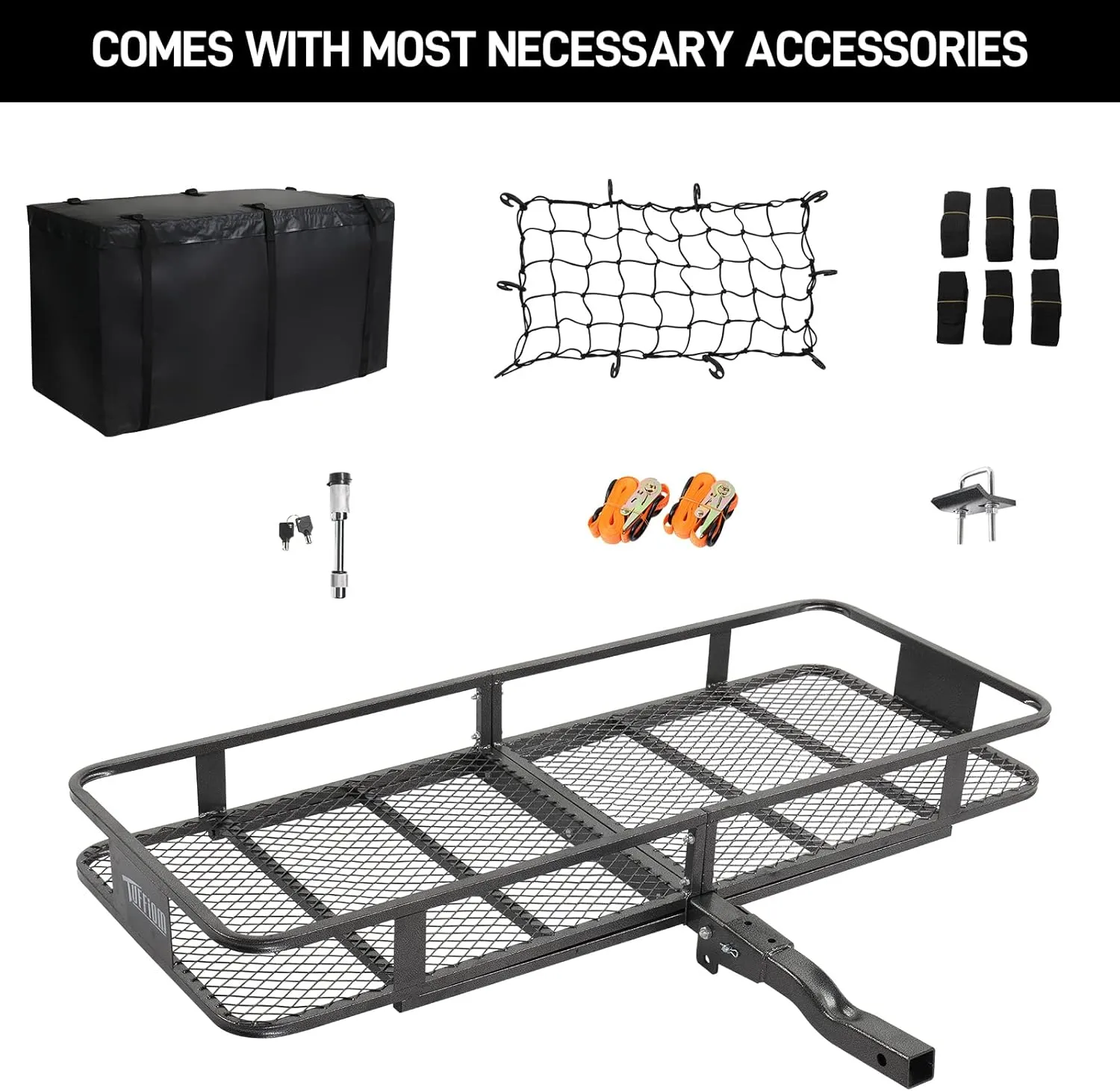 TUFFIOM 60"x24"x6" Folding Hitch Mount Cargo Carrier Basket, 500lbs Steel Car Cargo Trailer Hitch Luggage Rack with Lock, Waterproof Cargo Bag, Net, Straps & Stabilizer for SUV Car Truck Van