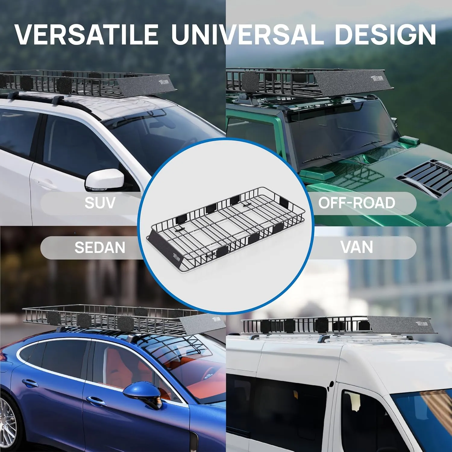 TUFFIOM 84"x 39"x 6" Universal Rooftop Cargo Carrier Basket, Extendable Steel Roof Rack Basket w/Net Storage Bag Pedal Straps, Heavy Duty Car Top Rack Luggage Holder Carrier for SUV Car Truck Van