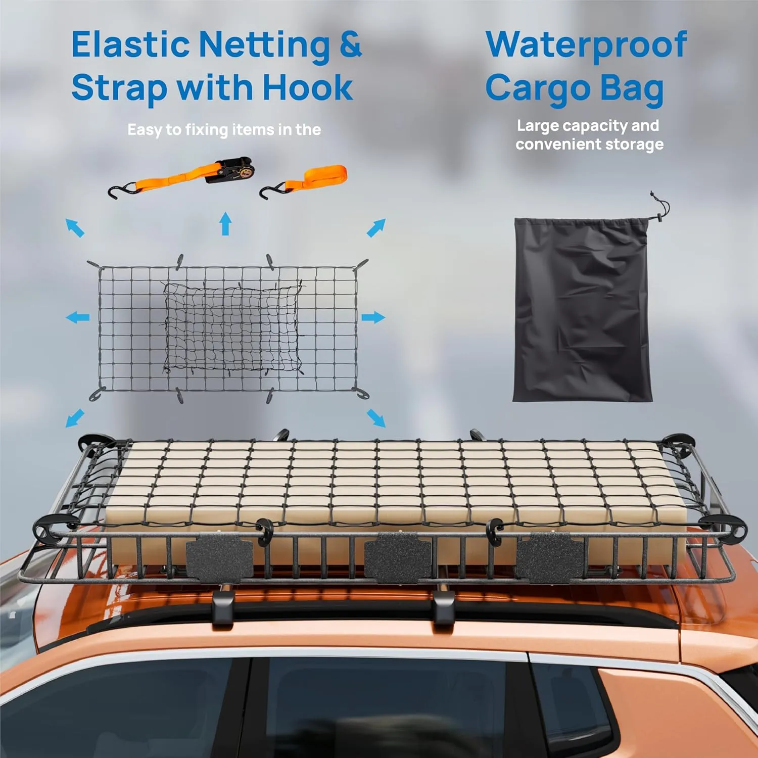 TUFFIOM 84"x 39"x 6" Universal Rooftop Cargo Carrier Basket, Extendable Steel Roof Rack Basket w/Net Storage Bag Pedal Straps, Heavy Duty Car Top Rack Luggage Holder Carrier for SUV Car Truck Van