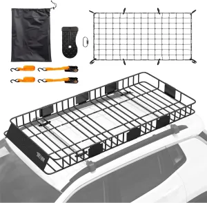 TUFFIOM 84"x 39"x 6" Universal Rooftop Cargo Carrier Basket, Extendable Steel Roof Rack Basket w/Net Storage Bag Pedal Straps, Heavy Duty Car Top Rack Luggage Holder Carrier for SUV Car Truck Van