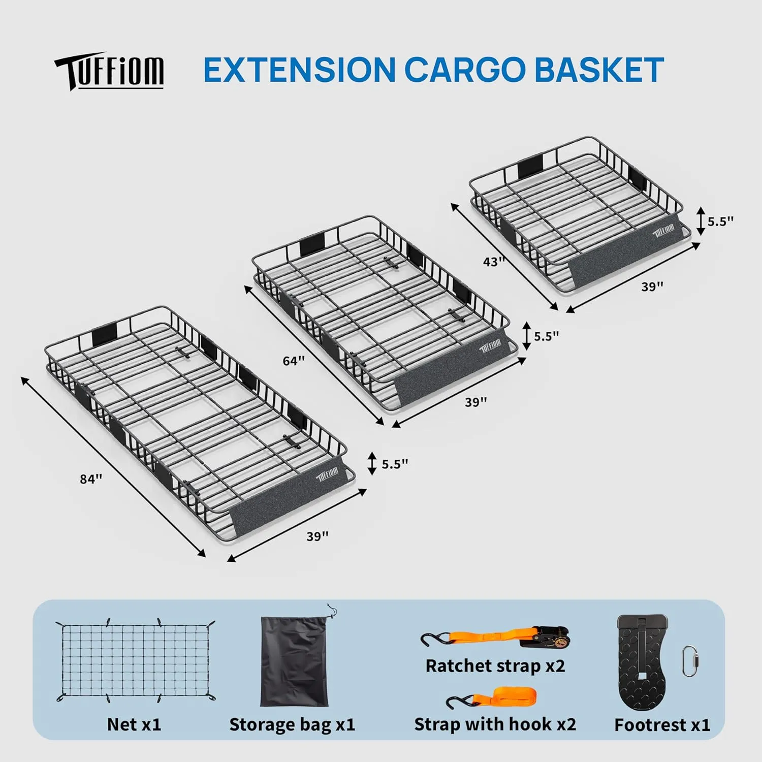 TUFFIOM 84"x 39"x 6" Universal Rooftop Cargo Carrier Basket, Extendable Steel Roof Rack Basket w/Net Storage Bag Pedal Straps, Heavy Duty Car Top Rack Luggage Holder Carrier for SUV Car Truck Van