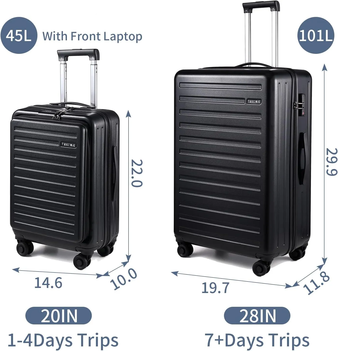 TydeCkare 2 Piece 20/28" Suitcase Sets, Only 20" with Front Pocket, Lightweight ABS PC Suitcase Hardshell Carry Ons with TSA Lock & Spinner Silent Wheels, Black