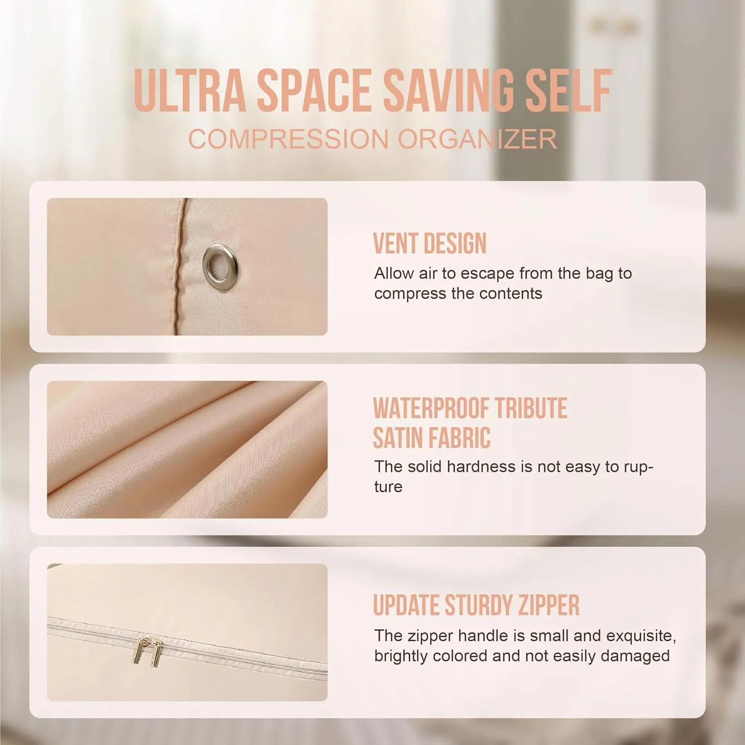 Ultra Space Saving Self Compression Organizer,Packing Cubes,Waterproof And Moisture-Proof,High Capacity,For Blankets Clothes Duvet Comforter（Apricot 21.2 * 16.2 * 11.8 In）