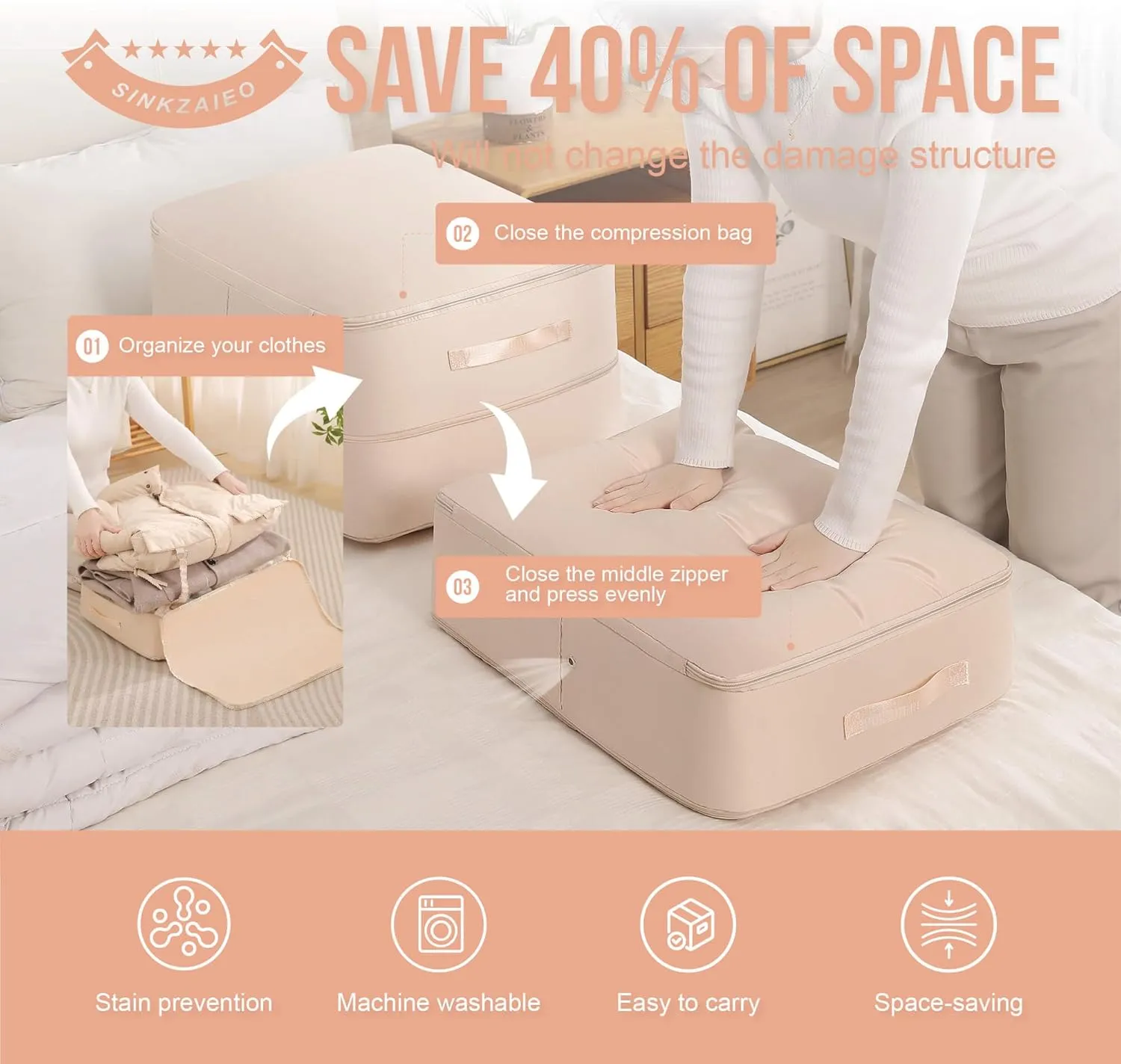 Ultra Space Saving Self Compression Organizer,Packing Cubes,Waterproof And Moisture-Proof,High Capacity,For Blankets Clothes Duvet Comforter（Apricot 21.2 * 16.2 * 11.8 In）