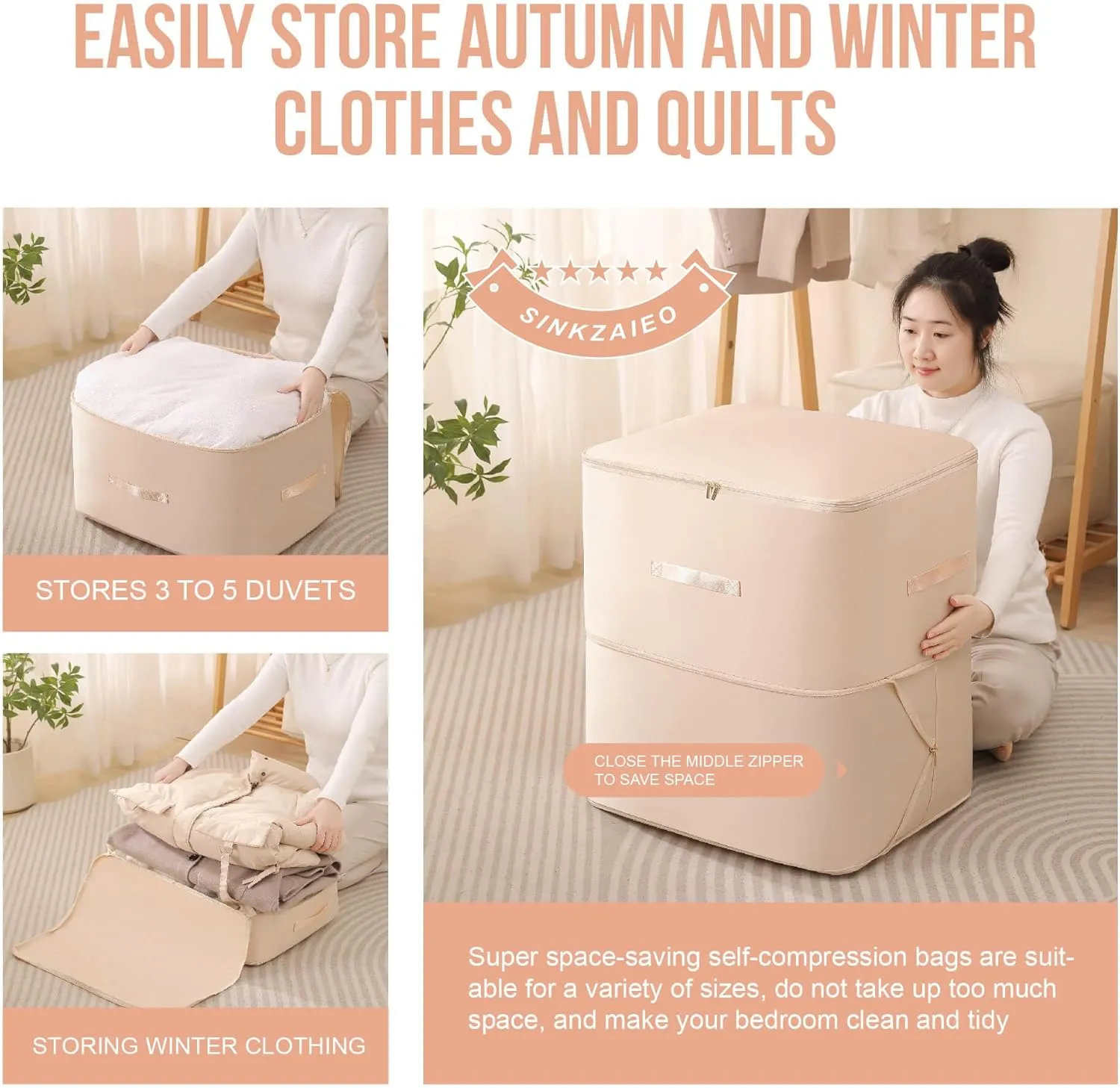 Ultra Space Saving Self Compression Organizer,Packing Cubes,Waterproof And Moisture-Proof,High Capacity,For Blankets Clothes Duvet Comforter（Apricot 21.2 * 16.2 * 11.8 In）