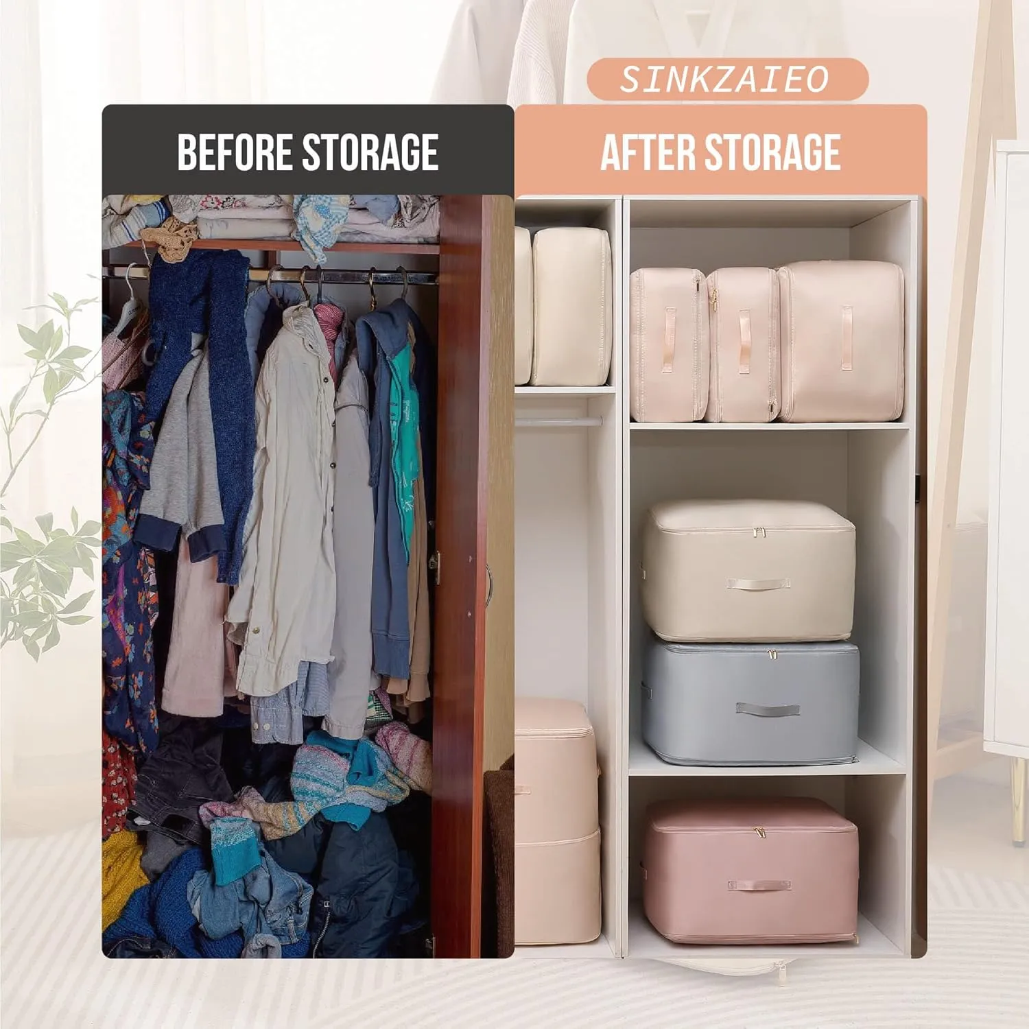 Ultra Space Saving Self Compression Organizer,Packing Cubes,Waterproof And Moisture-Proof,High Capacity,For Blankets Clothes Duvet Comforter（Apricot 21.2 * 16.2 * 11.8 In）