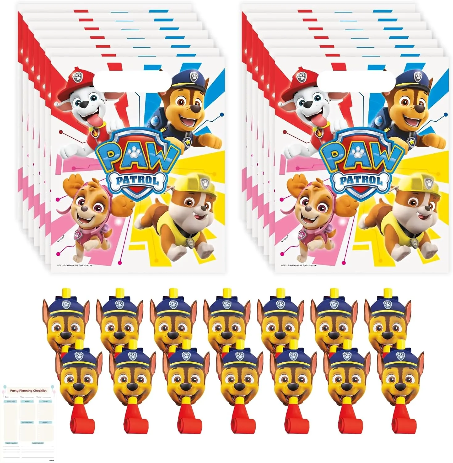 Unique Paw Patrol Party Favors - 16 Paw Patrol Goodie Bags, 16 Blowouts, Checklist - Birthday Decorations - Party Bags and Stuffers
